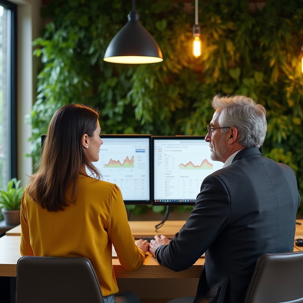 Due professionisti digitali che collaborano su un progetto condiviso in uno spazio moderno